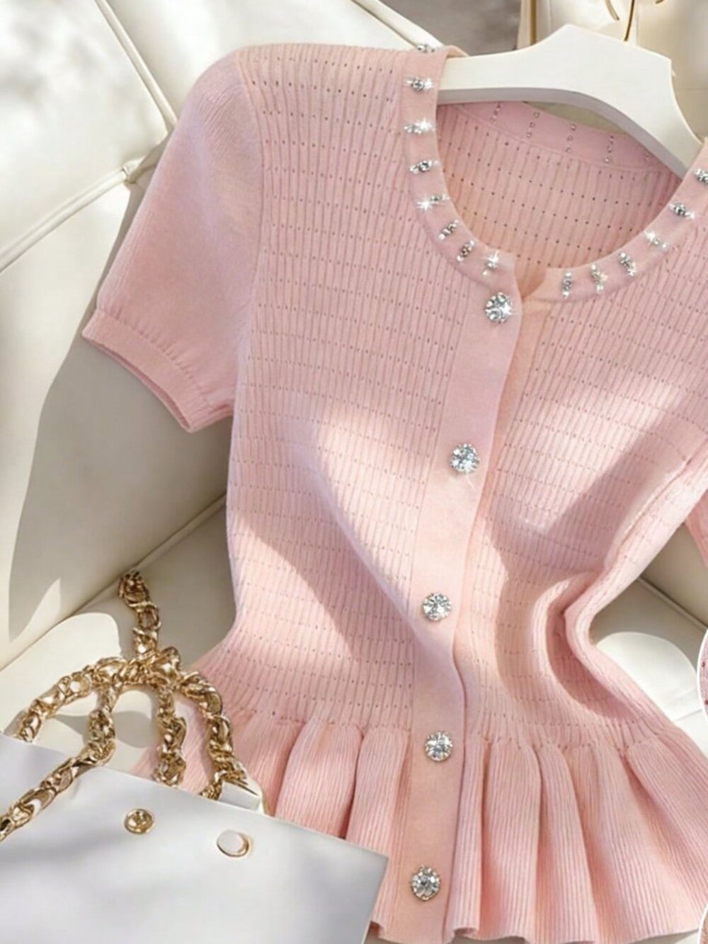 Pink Casual Women's Rhinestone Pearl Round Neck Slim Fit Short Sleeve Cardigan